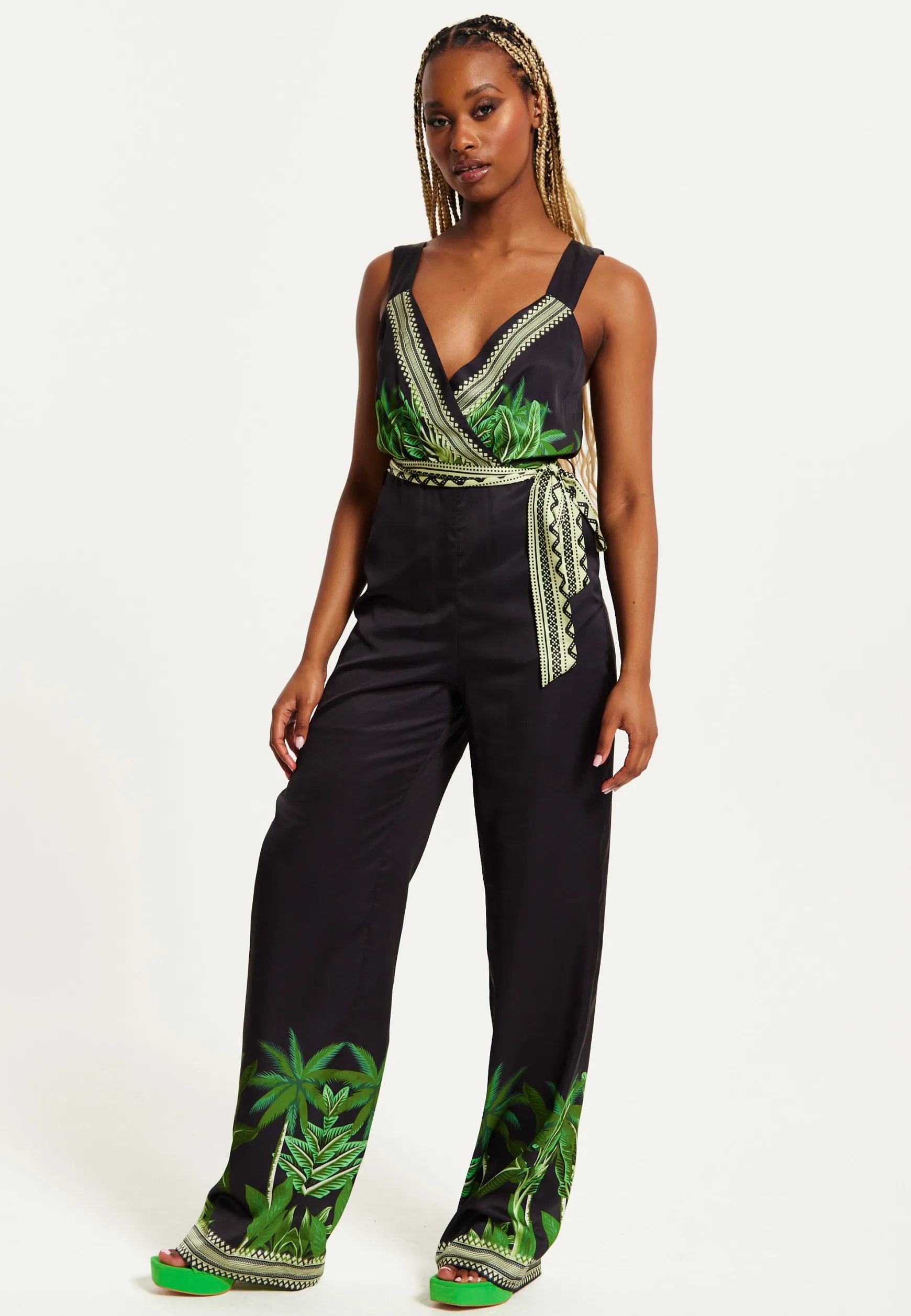 Women's V-neck Wide Leg Jumpsuit with Tie Waist in Leaf Print - Regular Fit, 100% Polyester - Liquorish