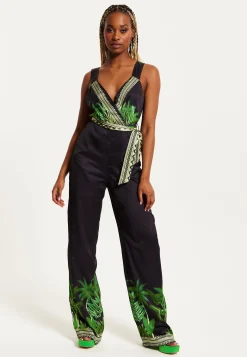 Women's V-neck Wide Leg Jumpsuit with Tie Waist in Leaf Print - Regular Fit, 100% Polyester - Liquorish