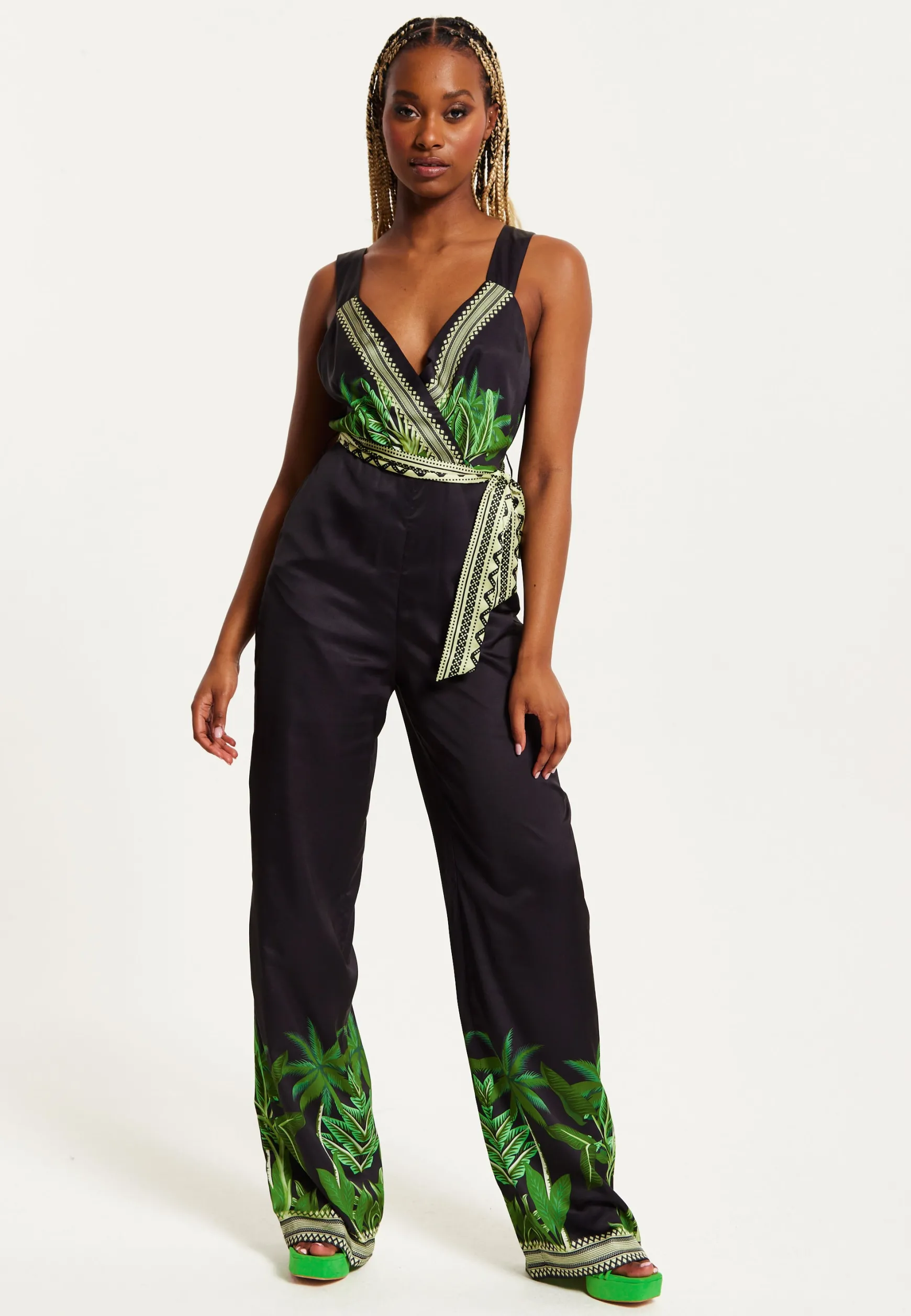Women's V-neck Wide Leg Jumpsuit with Tie Waist in Leaf Print - Regular Fit, 100% Polyester - Liquorish