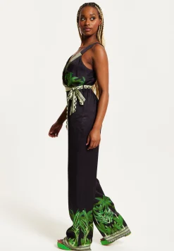 Women's V-neck Wide Leg Jumpsuit with Tie Waist in Leaf Print - Regular Fit, 100% Polyester - Liquorish