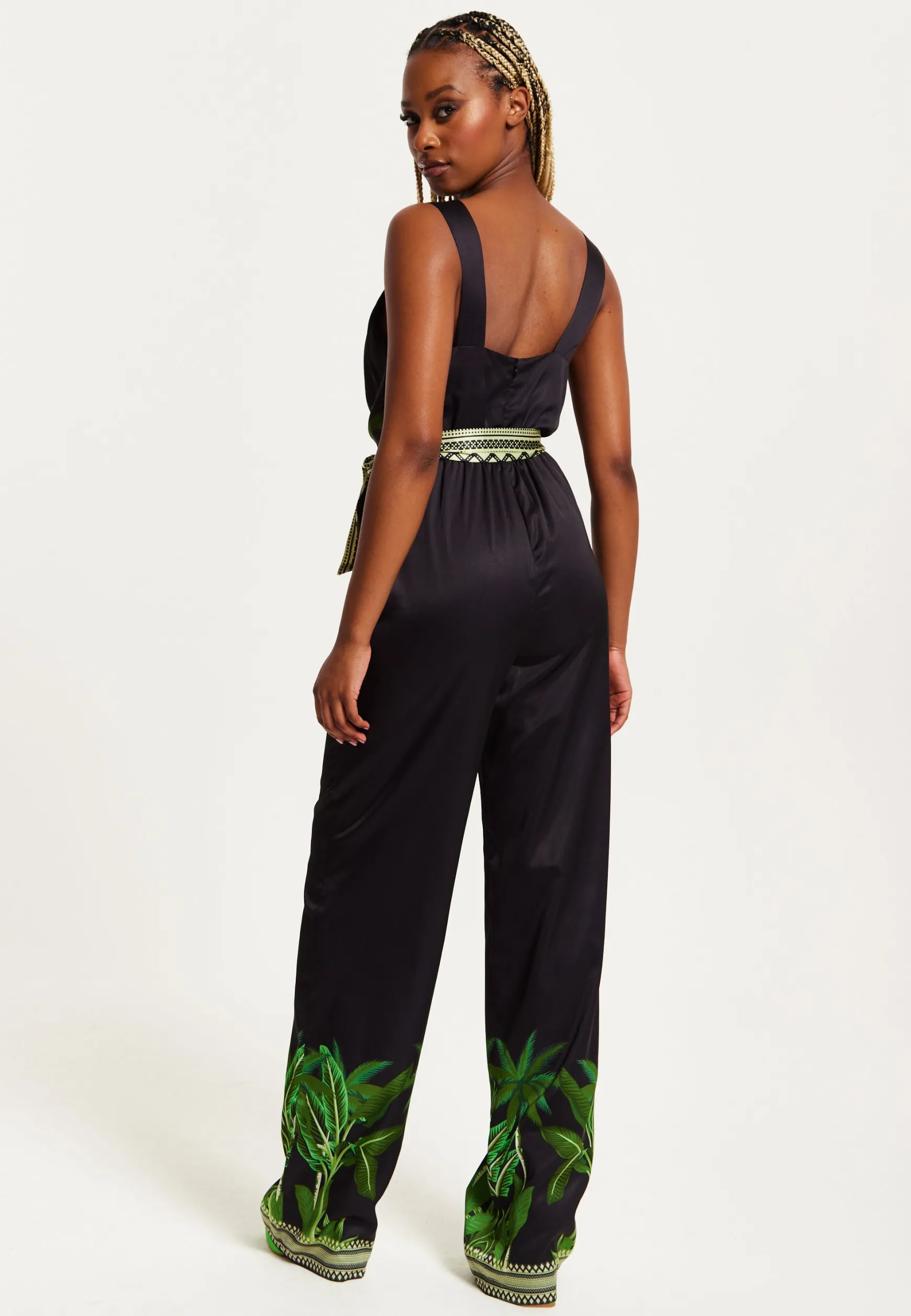 Women's V-neck Wide Leg Jumpsuit with Tie Waist in Leaf Print - Regular Fit, 100% Polyester - Liquorish
