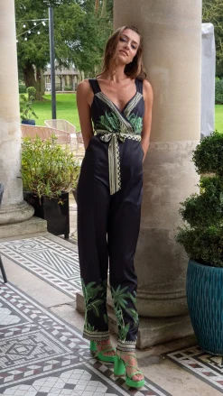 Women's V-neck Wide Leg Jumpsuit with Tie Waist in Leaf Print - Regular Fit, 100% Polyester - Liquorish