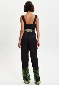 Women's V-neck Wide Leg Jumpsuit with Tie Waist in Leaf Print - Regular Fit, 100% Polyester - Liquorish