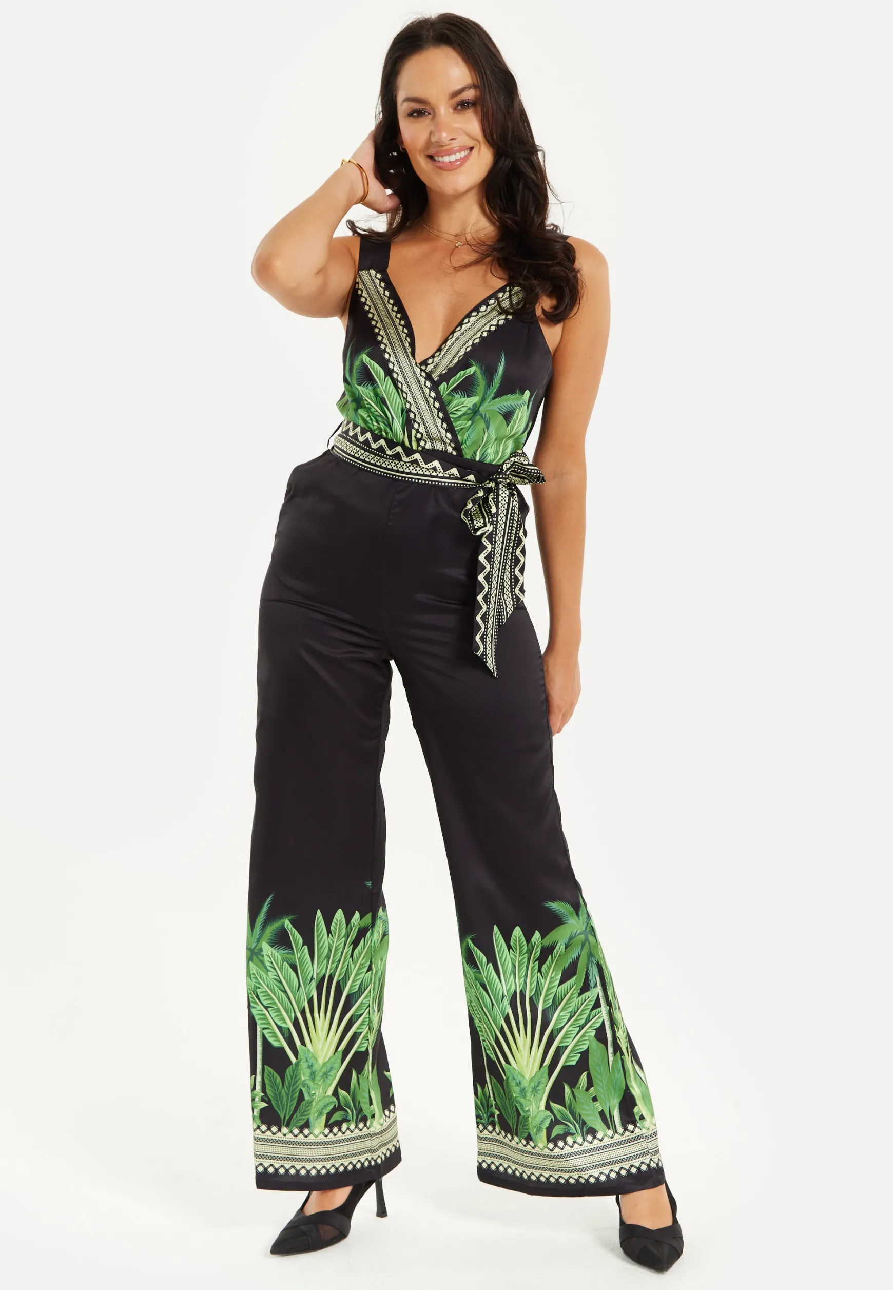 Women's V-neck Wide Leg Jumpsuit with Tie Waist in Leaf Print - Regular Fit, 100% Polyester - Liquorish