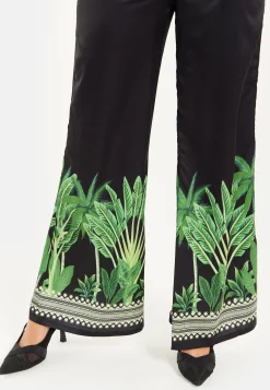 Women's V-neck Wide Leg Jumpsuit with Tie Waist in Leaf Print - Regular Fit, 100% Polyester - Liquorish