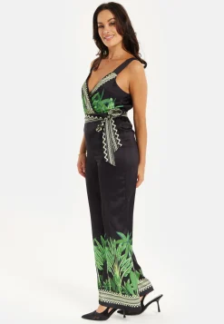 Women's V-neck Wide Leg Jumpsuit with Tie Waist in Leaf Print - Regular Fit, 100% Polyester - Liquorish