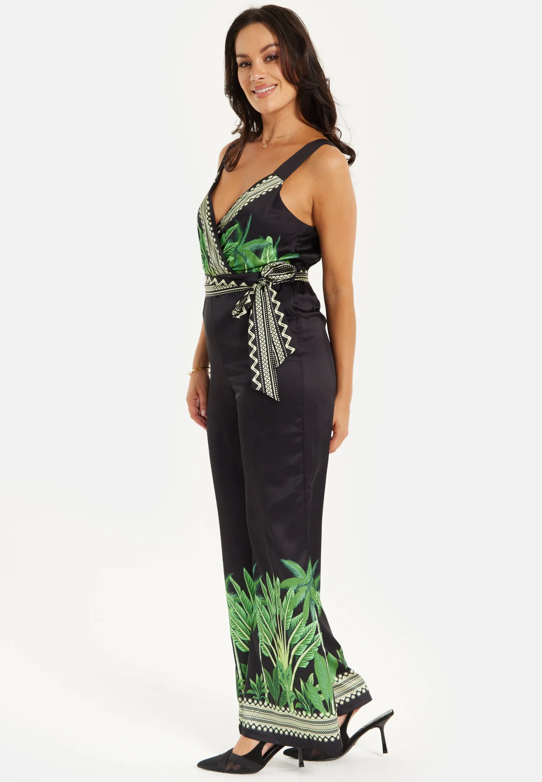 Women's V-neck Wide Leg Jumpsuit with Tie Waist in Leaf Print - Regular Fit, 100% Polyester - Liquorish