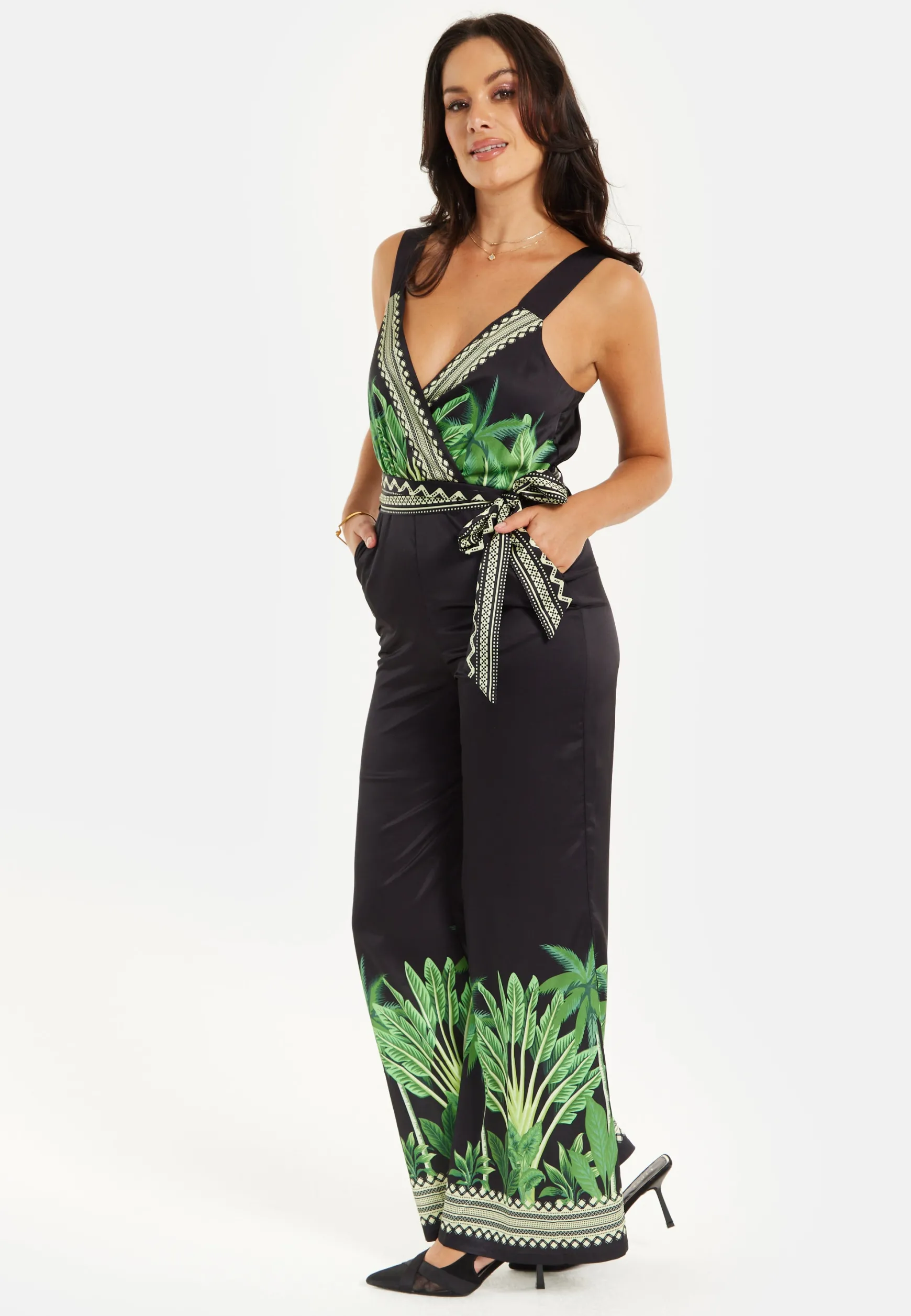 Women's V-neck Wide Leg Jumpsuit with Tie Waist in Leaf Print - Regular Fit, 100% Polyester - Liquorish