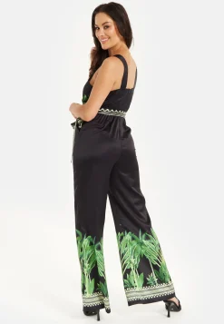 Women's V-neck Wide Leg Jumpsuit with Tie Waist in Leaf Print - Regular Fit, 100% Polyester - Liquorish