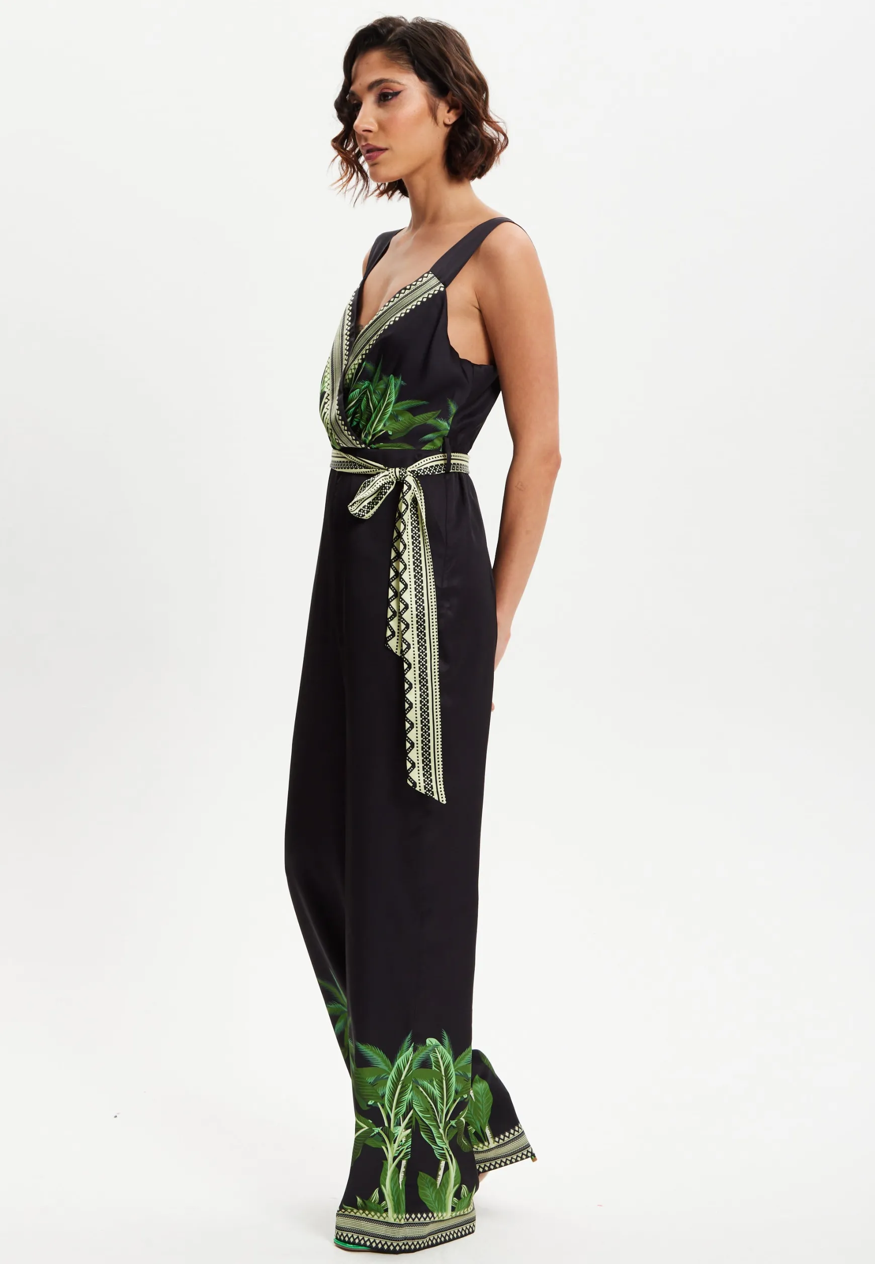 Women's V-neck Wide Leg Jumpsuit with Tie Waist in Leaf Print - Regular Fit, 100% Polyester - Liquorish