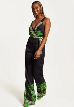 Women's V-neck Wide Leg Jumpsuit with Tie Waist in Leaf Print - Regular Fit, 100% Polyester - Liquorish