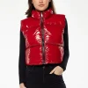 Women’s Wet Look Gilet in Red - Sleeveless, High Neck, Zip Closure, Cropped Fit, Regular Fit, Perfect for Cold Days.