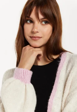 Women's White Mohair Knitted Cardigan with Pockets, Relaxed Fit, Contrast Trim, Luxurious Style by Liquorish