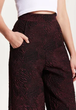Women’s Wine Printed High Waist Wide Leg Trousers with Front Buttons and Pockets, Fits Small to Size – Liquorish