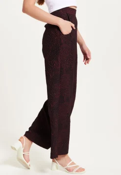 Women’s Wine Printed High Waist Wide Leg Trousers with Front Buttons and Pockets, Fits Small to Size – Liquorish