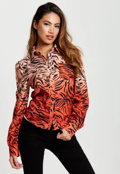 Women's Zebra Print Shirt With Accentuated 70's Collar Detail In Orange And Nude - Long Sleeves, Side Pocket