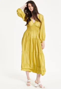 Yellow Smocked Waist Midi Dress